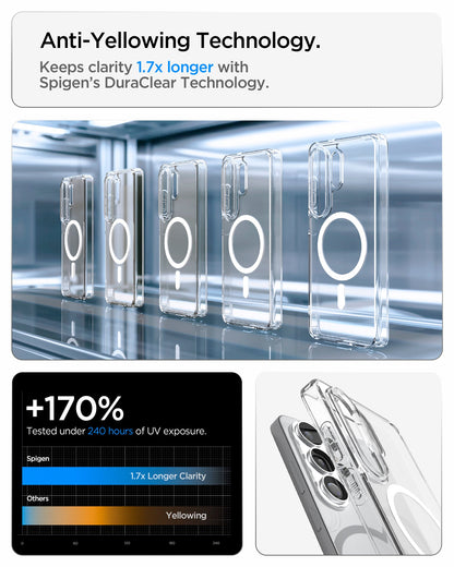 ACS10958 - Galaxy S26 Ultra Case Ultra Hybrid (Mag Fit) Crystal Clear showing anti yellowing technology keeps clarity 1.7x longer with spigen's duraclear technology