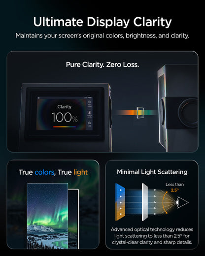 AGL11810 - Galaxy S26 FE GLAS.tR EZ Fit Pro showing screen protector technology designed to maintain original display colors, brightness, and clarity with minimal light scattering