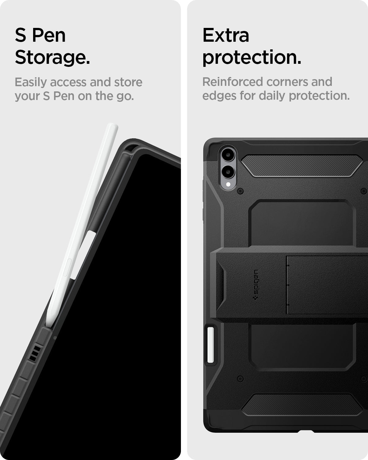 ACS10218 - Galaxy Tab S11 Ultra Series Tough Armor Pro showing S pen storage. easily access an store your s pen on the go. extra protection. reinforced corners and edges for daily protection.