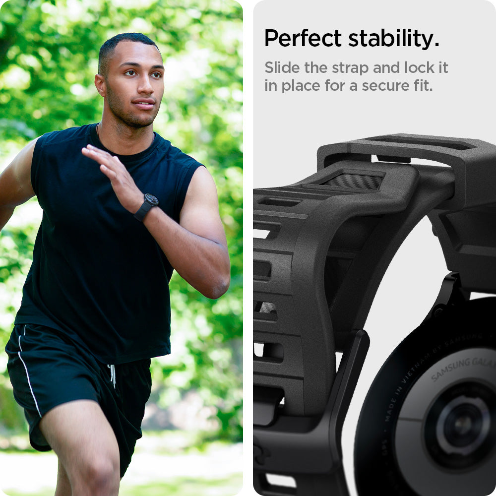 AMP04031 - Galaxy Watch Band (20mm) Rugged Armor in matte black perfect stability, slide the strap and lock it in place for a secure fit.