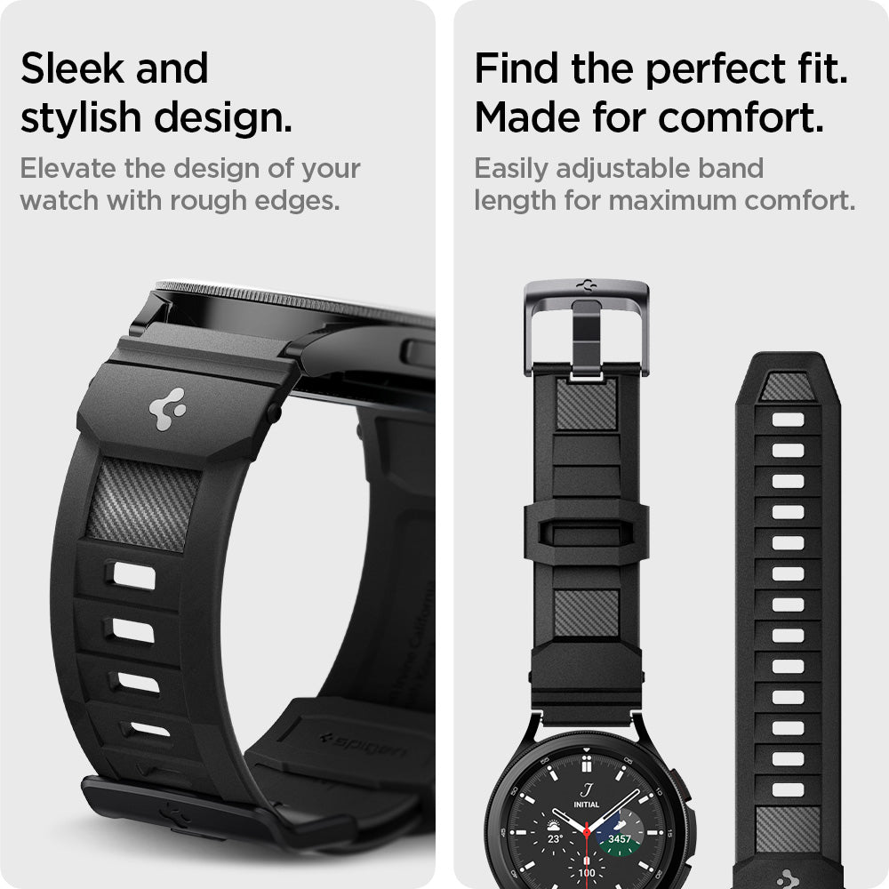AMP04031 - Galaxy Watch Band (20mm) Rugged Armor in matte black sleek and stylish design. Elevate the design of your watch with rough edges. Find the perfect fit. Made for comfort. Easily adjustable band length for maximum comfort.