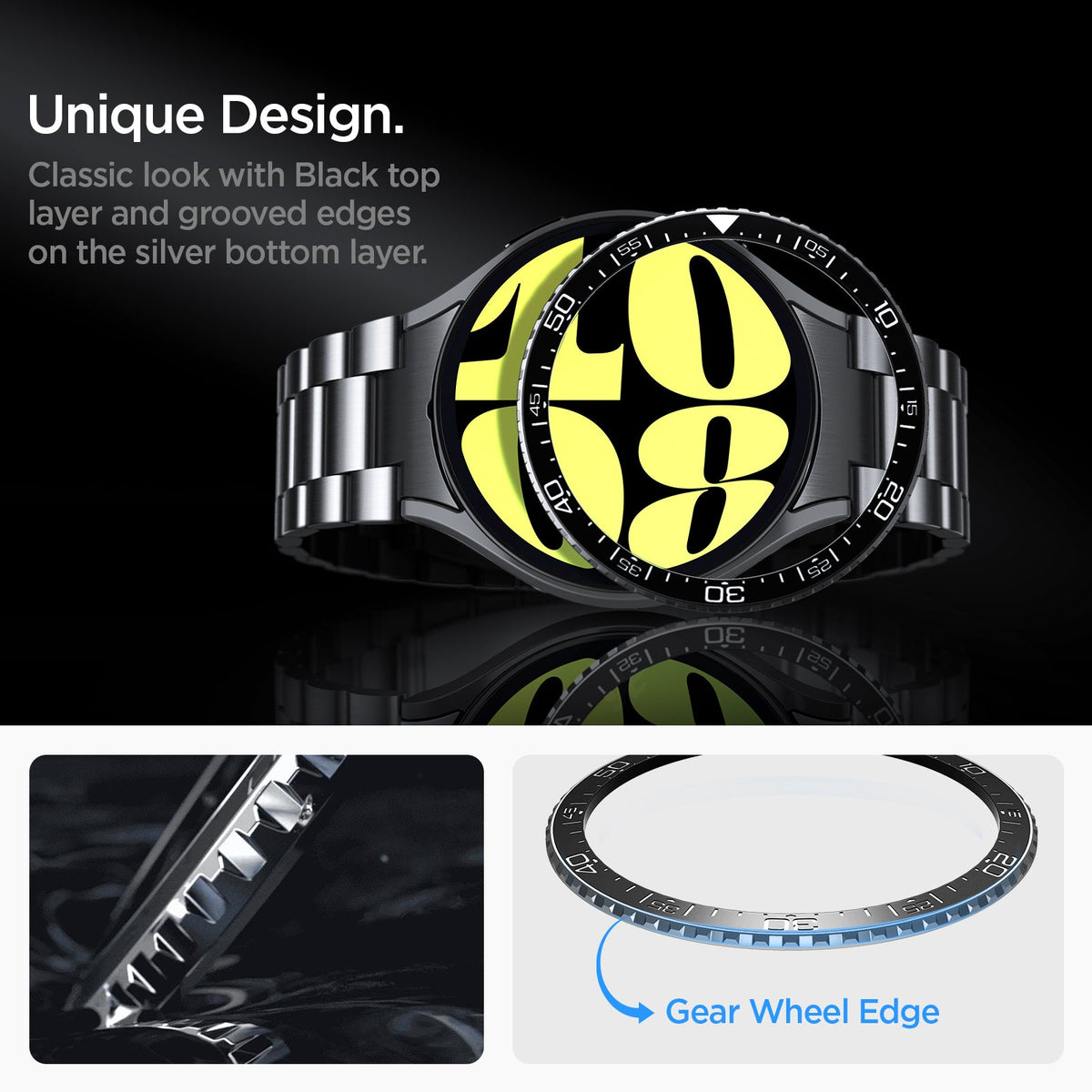 ACS06865 - Galaxy Watch 6 (44mm) Bezel Tune in black unique design classic look with black top layer and grooved edges on the silver bottom layer. gear wheel edge.