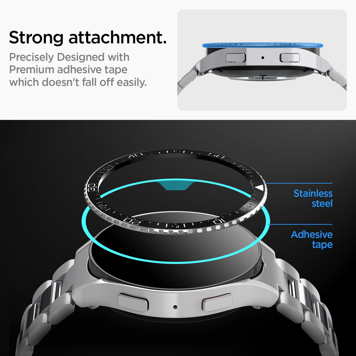 ACS06865 - Galaxy Watch 6 (44mm) Bezel Tune in black strong attachment. precisely designed with premium adhesive tape which doesn't fall off easily. stainless steel. adhesive tape.