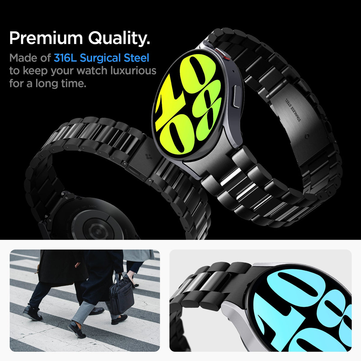 AMP06499 - Watch 6 (44mm) Modern Fit 316L Band in Black premium quality. Made of 316L surgical steel to keep your watch luxurious for a long time.