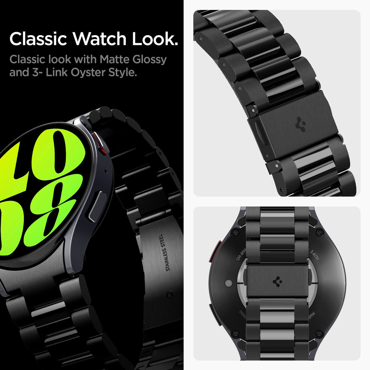 AMP06499 - Watch 6 (44mm) Modern Fit 316L Band in Black classic look with matte glossy and 3 link oyster style.