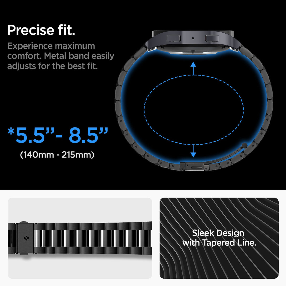 AMP06499 - Watch 6 (44mm) Modern Fit 316L Band in Black precise fit. experience maximum comfort metal band easily adjusts for the best fit. 140mm-215mm. sleek design with tapered line.