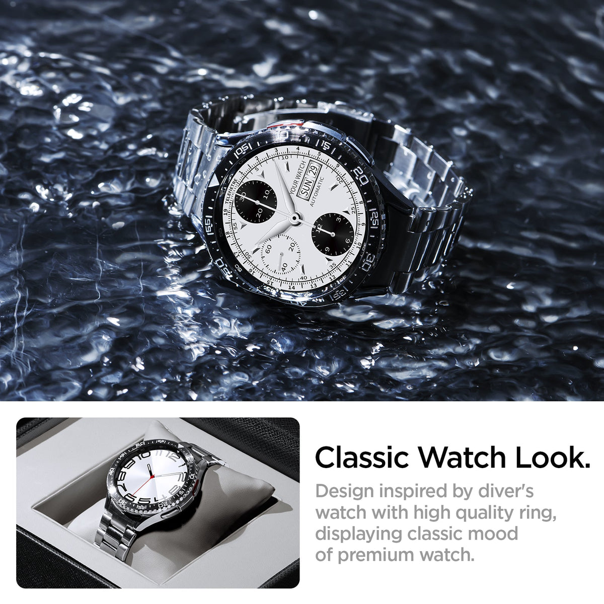 ACS06864 - Galaxy Watch 6 Classic (47mm) Bezel Tune in black classic watch look. design inspired by driver's watch with high quality ring, displaying classic mood of premium watch.