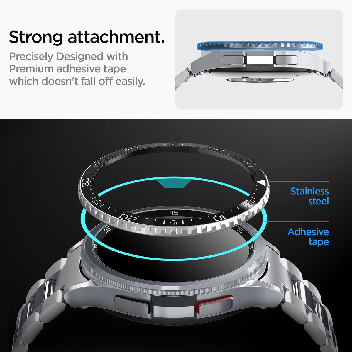 ACS06864 - Galaxy Watch 6 Classic (47mm) Bezel Tune in black strong attachment. precisely designed with premium adhesive tape which doesn't fall off easily. stainless steel. adhesive tape.