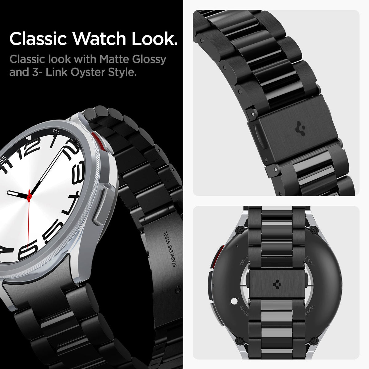 AMP06490 - Watch 6 Classic (47mm) Modern Fit 316L Band in Black classic look with matte glossy and 3 link oyster style.