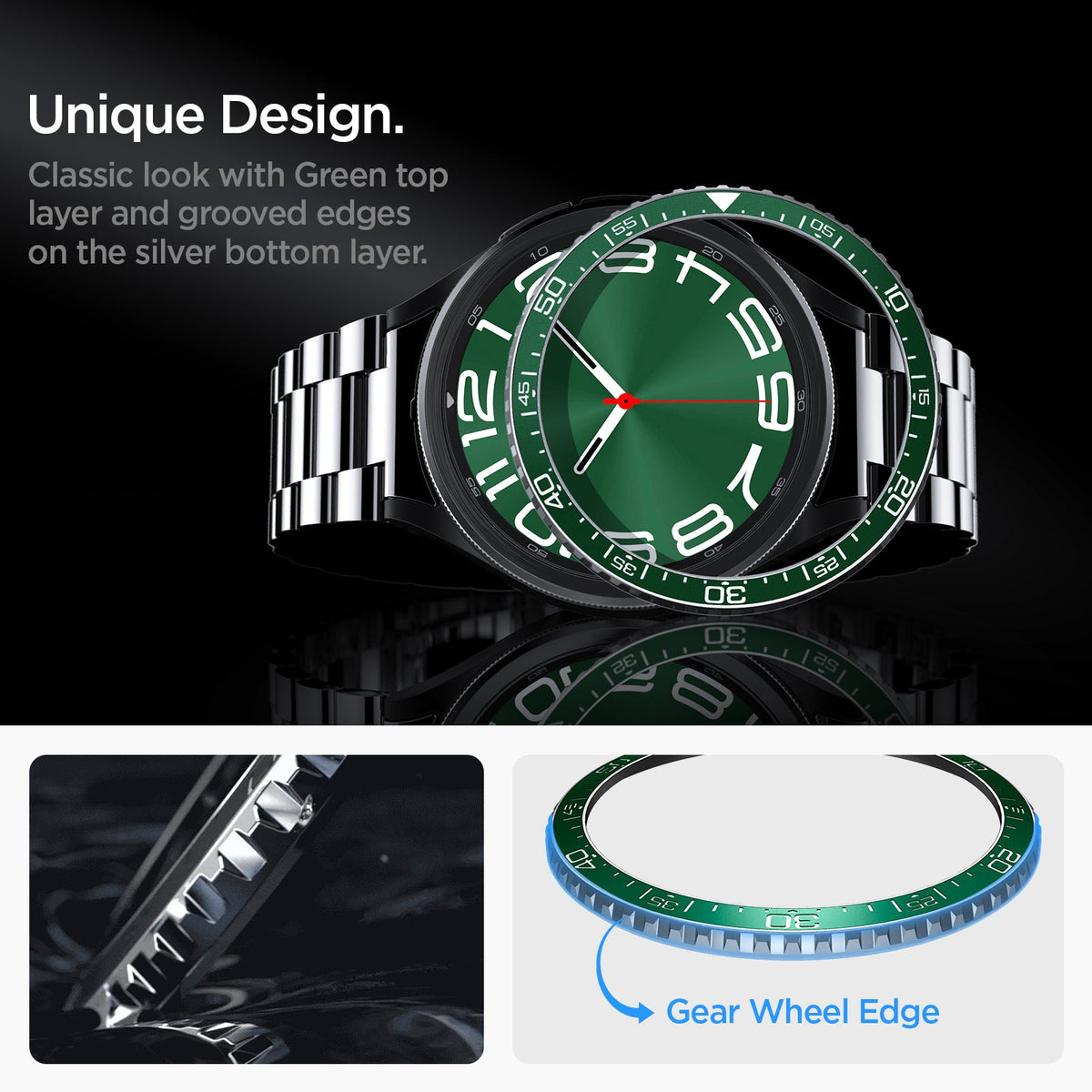 ACS07127 - Watch 6 Classic (47mm) Bezel Tune in Green unique design classic look with black top layer and grooved edges on the silver bottom layer. gear wheel edge.