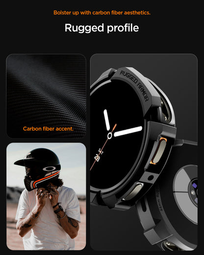ACS10006 - Galaxy Watch 9 (44mm) Rugged Armor showing bolster up with carbon fiber aesthetics. rugged profile.
