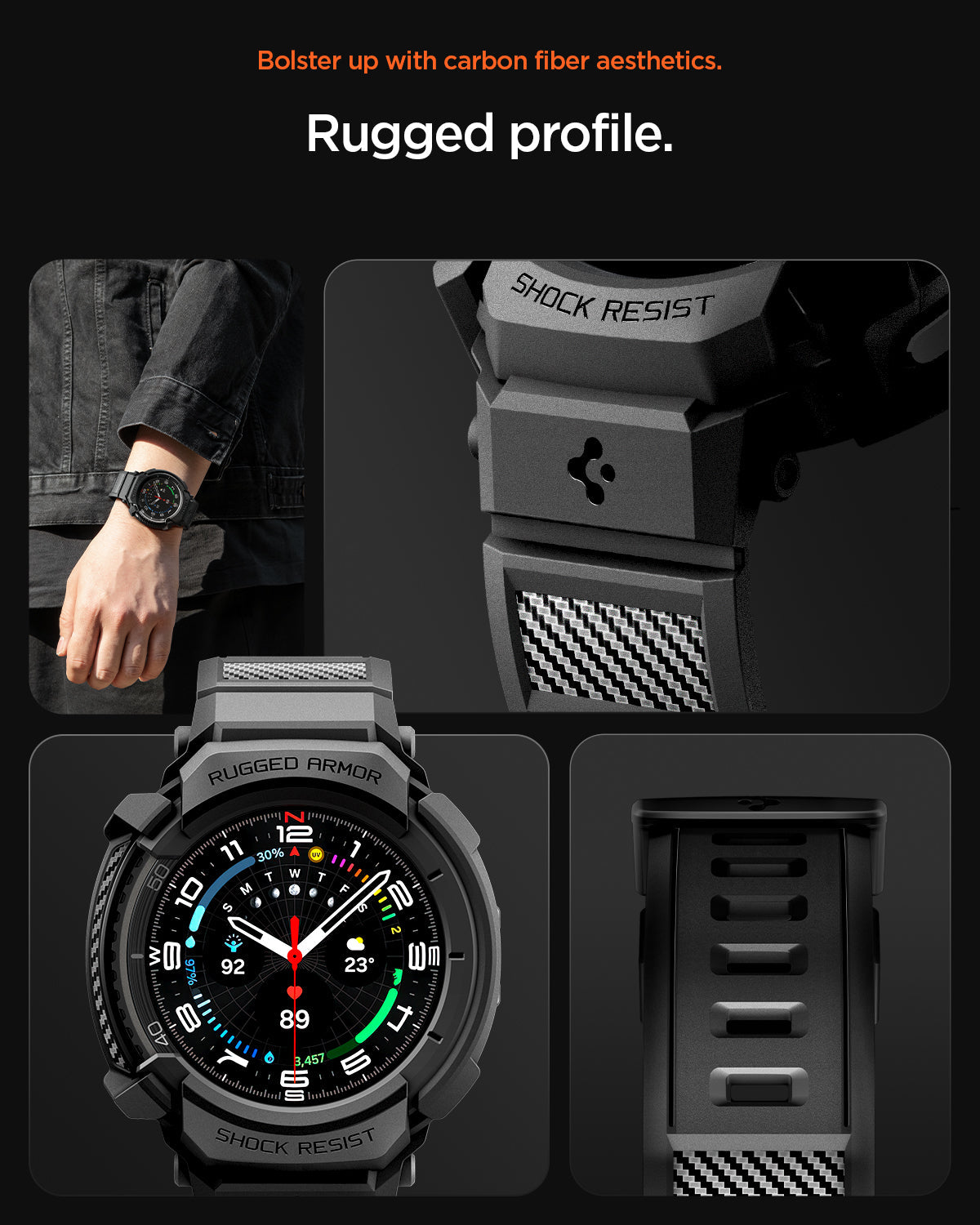 ACS10013 - Galaxy Watch 8 Rugged Armor Pro showing bolster up with carbon fiber aesthetics. rugged profile.