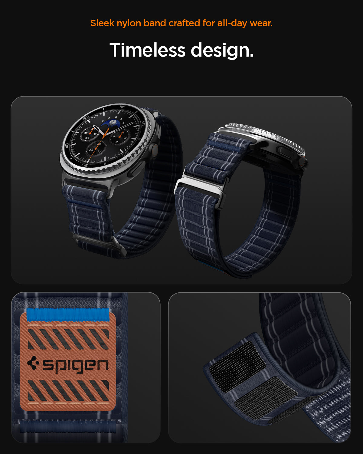 AMP10155 - Galaxy Watch 9 Series WBF0 in navy showing sleek nylon band crafted for all day wear. timeless design
