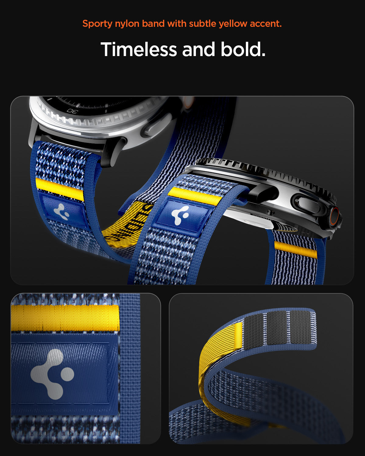 AMP10114 - Galaxy Watch 9 Series - Athlex Air in active navy showing the sporty nylon band with subtle yellow accent