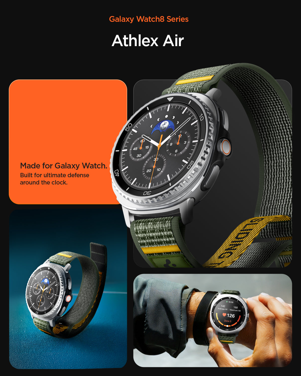 AMP10113 - SWi-9 Series - Athlex Air in Active Green showing made for Galaxy Watch. Built for ultimate defense around the clock