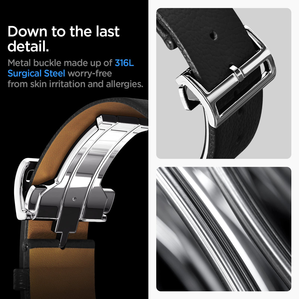 AMP06956 - Galaxy Watch Band Enzo (20mm) in black down to the last detail. metal buckle made up of 316L surgical steel worry free from skin irritation and allergies.