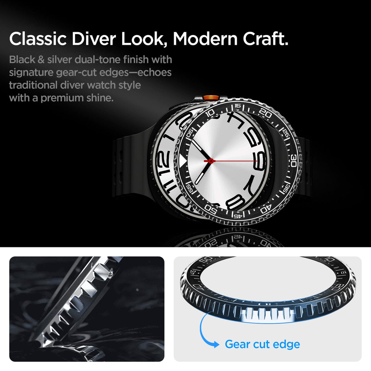 ACS10014 - Galaxy Watch 8 46mm Bezel Tune in black classic diver look, modern craft. black and sliver dual tone finish with signature gear cut edges echoes traditional diver watch style with premium shine. Gear cut edge.
