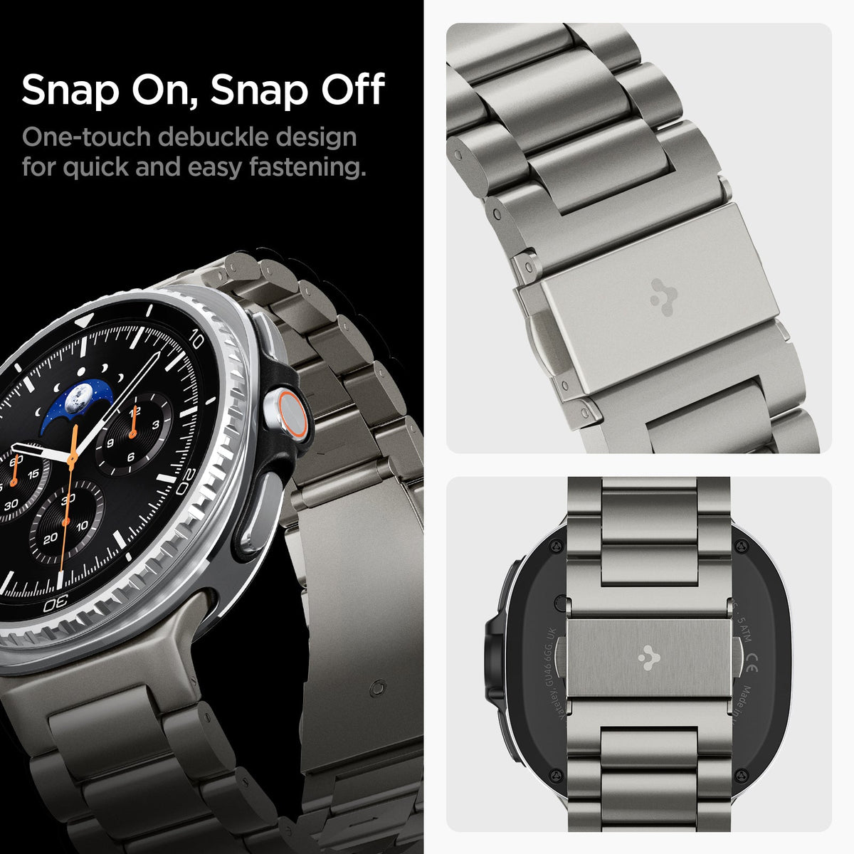 AMP10122 - Galaxy Watch 9 Series Modern Fit Titanium showing snap on snap off. one touch debuckle design for quick and easy fastening
