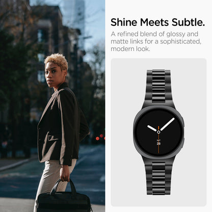 AMP11608 - Galaxy Watch 9 Series - Modern Fit 316L Band showing a woman walking outdoors beside the Galaxy Watch 9 watch with glossy and matte metal link band