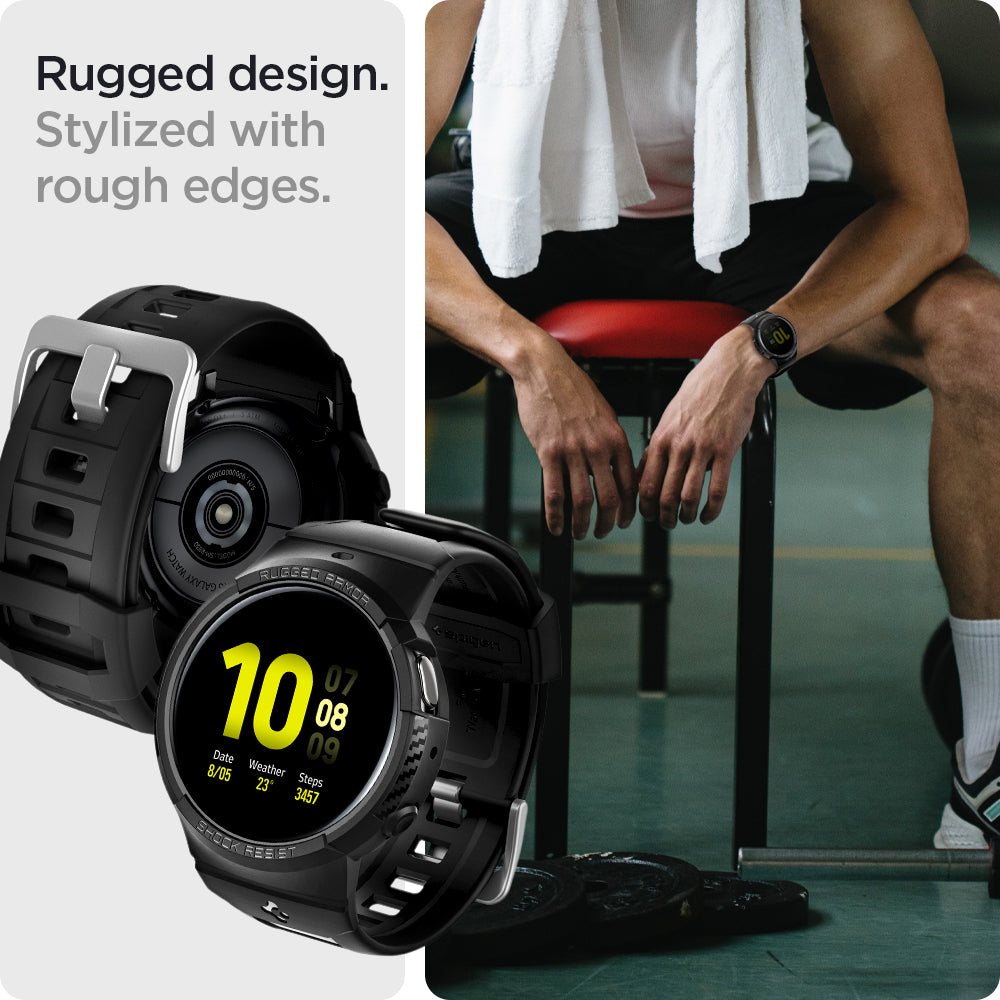 ACS02066 - Galaxy Watch Active 2 (44mm) Case Rugged Armor Pro in black rugged design. stylized with rough edges.