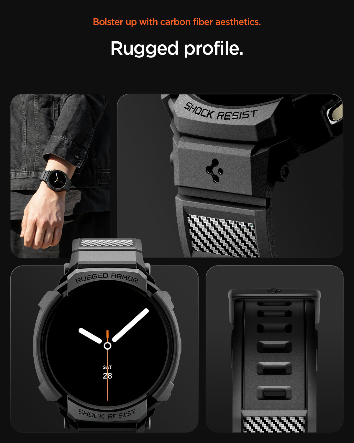 ACS10007 - Galaxy Watch 9 (44mm) Rugged Armor Pro showing bolster up with carbon fiber aesthetics. rugged profile.