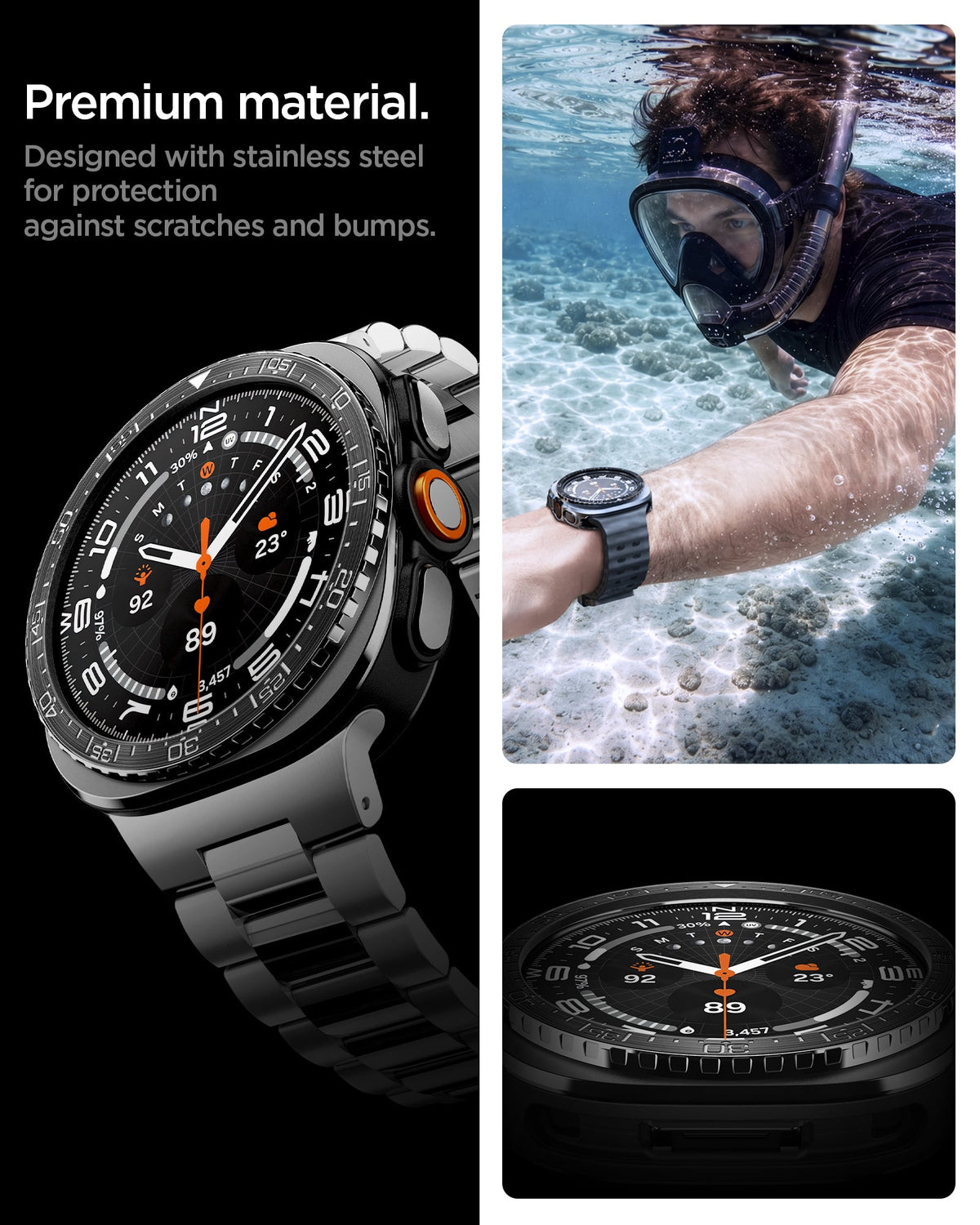 ACS11617 - SWUb Bezel Tune Black showing SWUb bezel ring close-up, a snorkeler wearing the watch underwater, and a top-down view