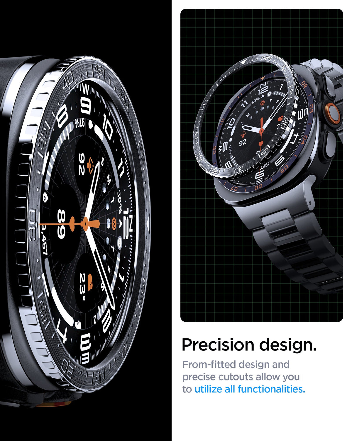 ACS11617 - SWUb Bezel Tune Black showing close-up side profile of SWUb bezel ring and an exploded view over the watch on a grid