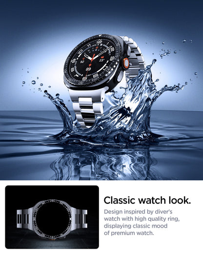 ACS11617 - SWUb Bezel Tune Black showing SWUb bezel ring splashing in water on the watch, plus the ring alone with the band