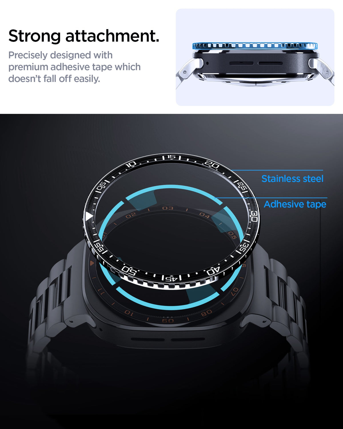 ACS11617 - SWUb Bezel Tune Black showing SWUb bezel ring side profile with adhesive tape and an exploded labeled diagram