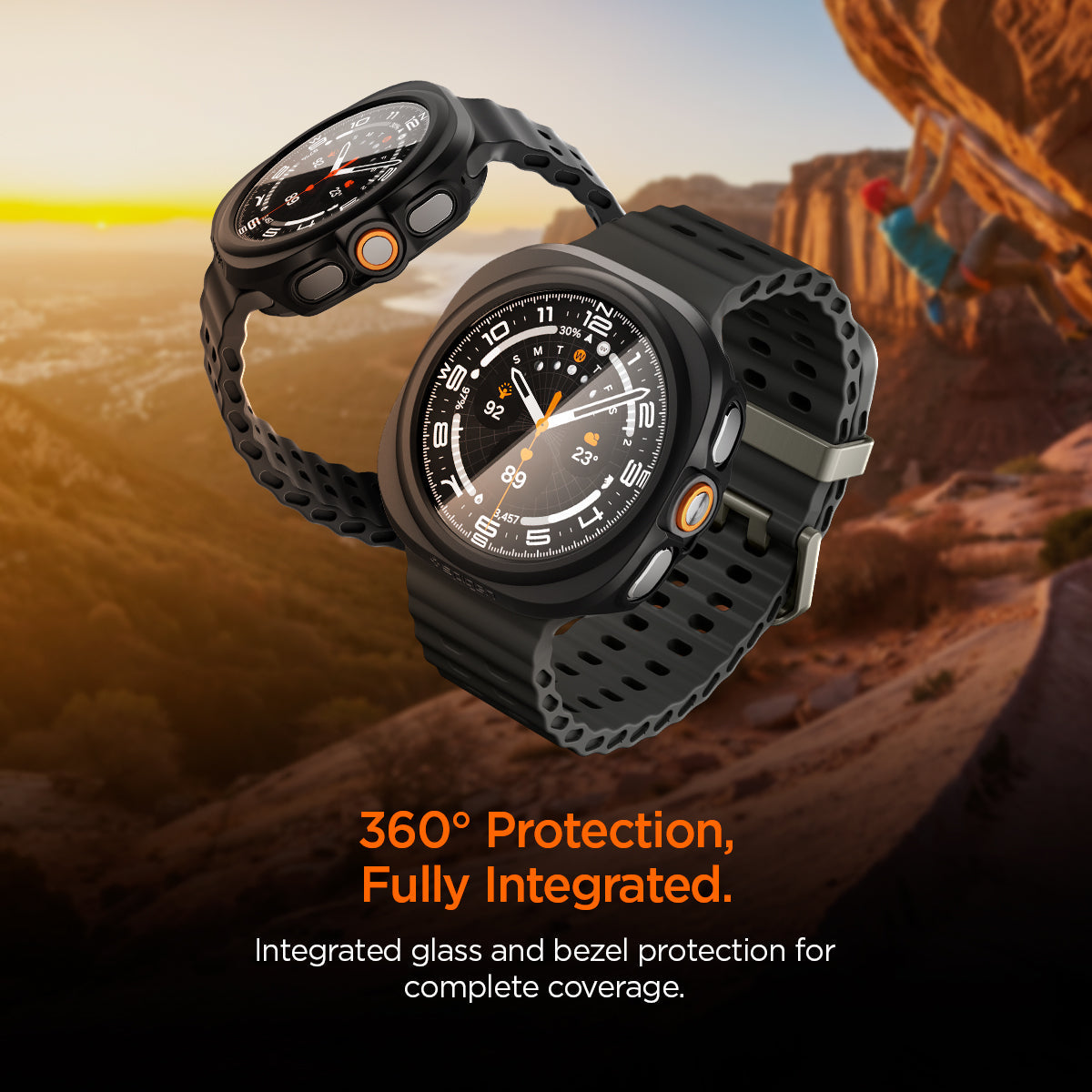 ACS11609 - Galaxy Watch Ultra Series Thin Fit 360 showing two Galaxy Watch Ultra cases floating over a mountain with a climber in the background