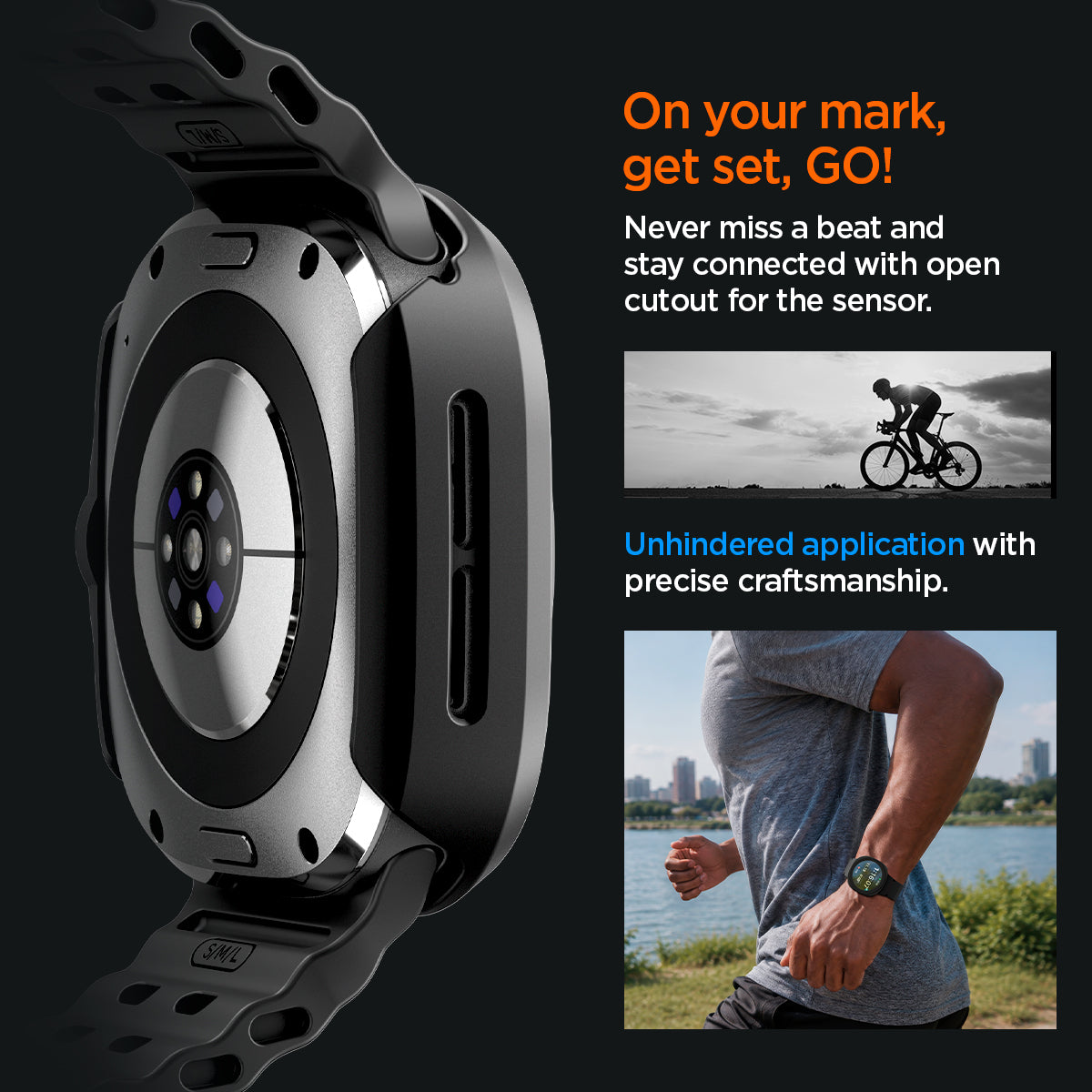 ACS11609 - Galaxy Watch Ultra Series Thin Fit 360 showing Galaxy Watch Ultra case back with open sensor cutout, plus a cyclist and a runner wearing it