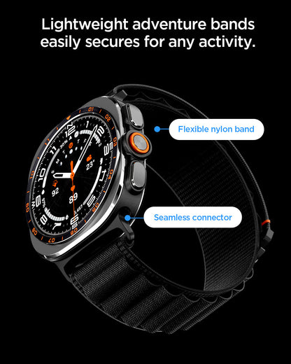 AMP11613 - Galaxy Watch Ultra Series - WBF1 showing a close-up angled view of the WBF1 band highlighting the flexible nylon material and seamless connector.