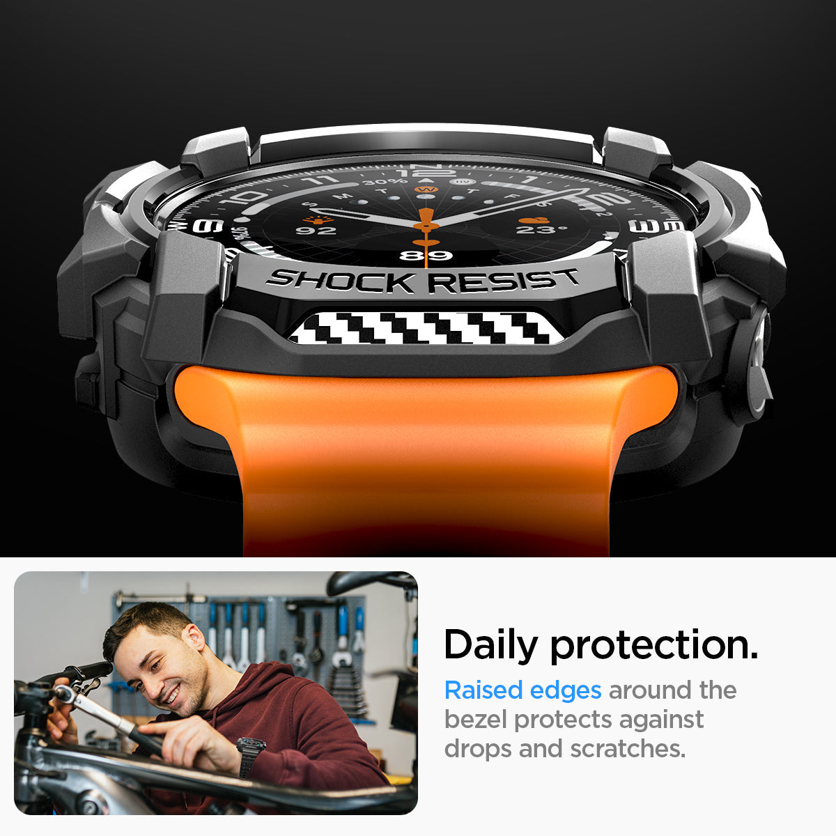 ACS08426 - Galaxy Watch Ultra (47mm) Rugged Armor in Matte Black daily protection. raised edge around the bezel protects against bumps and scratches.