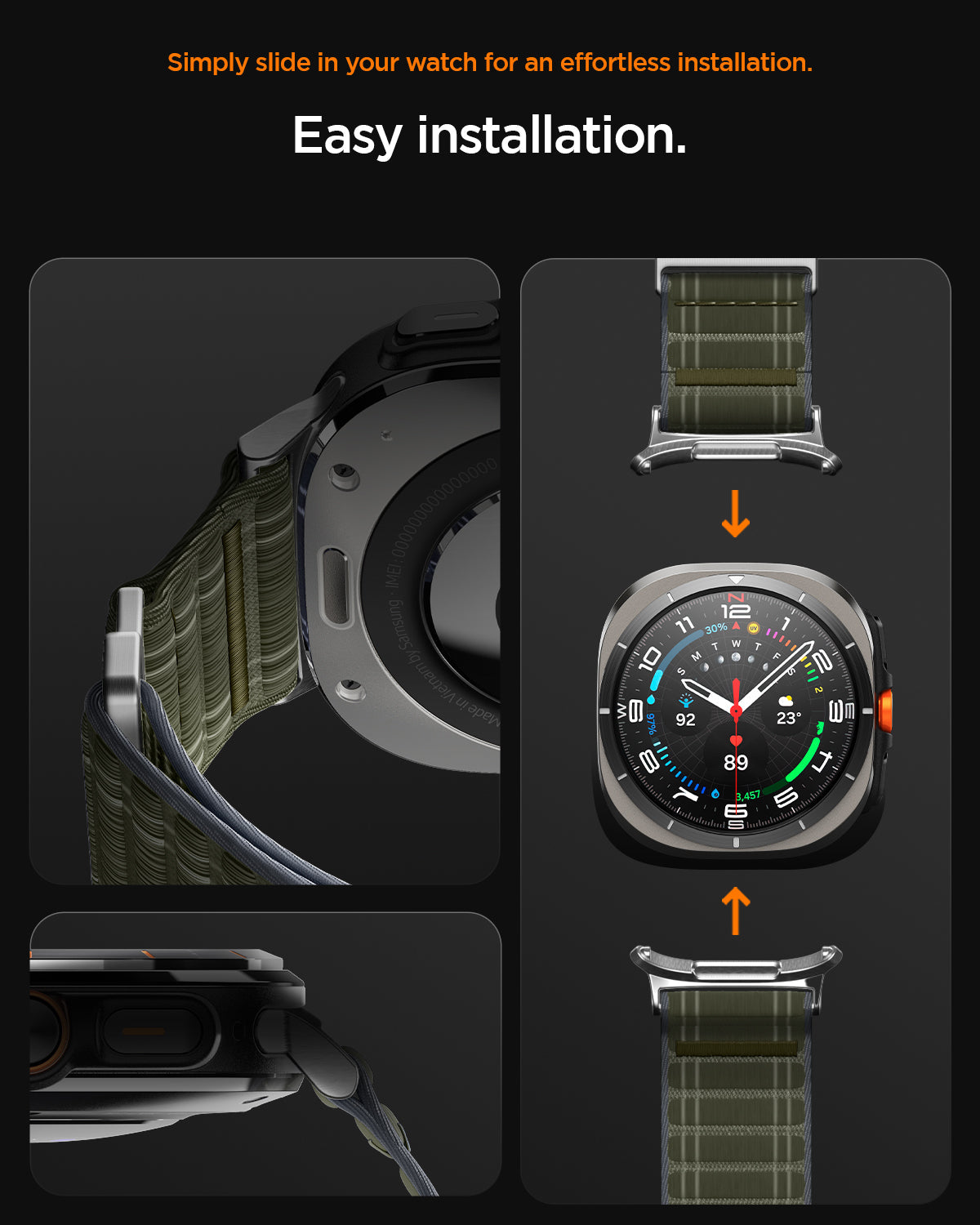 AMP10147 - Galaxy Watch Ultra WBF0 in green showing simply slide in your watch for an effortless installation.