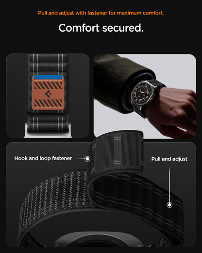 AMP10146 - Galaxy Watch Ultra WBF0 in black showing pull and adjust with fastener for maximum comfort. comfort secured