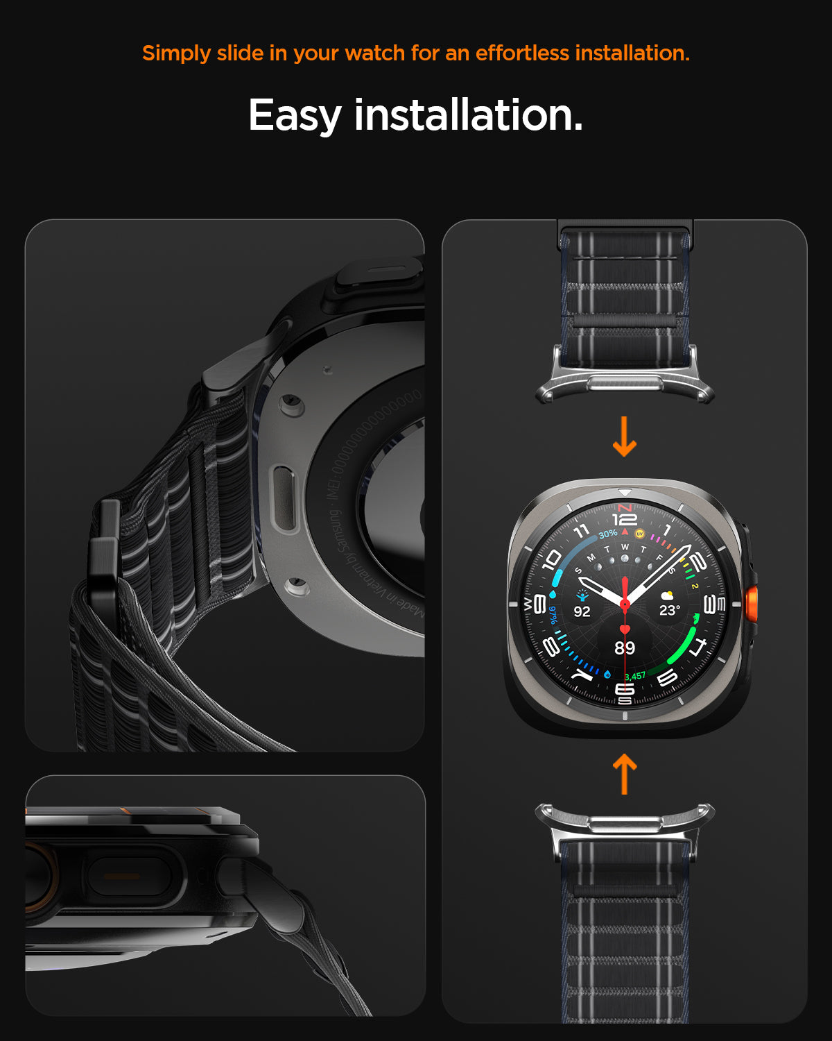 AMP10146 - Galaxy Watch Ultra WBF0 in black showing simply slide in your watch for an effortless installation.