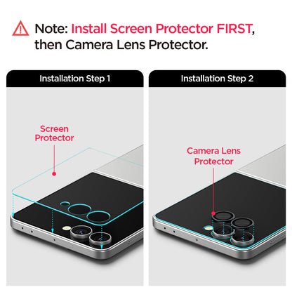 AGL09582 - Galaxy Z Flip 7 Screen Protector EZ Fit GLAS.tR showing the installation process. Install screen protector first and then the camera lens protector.