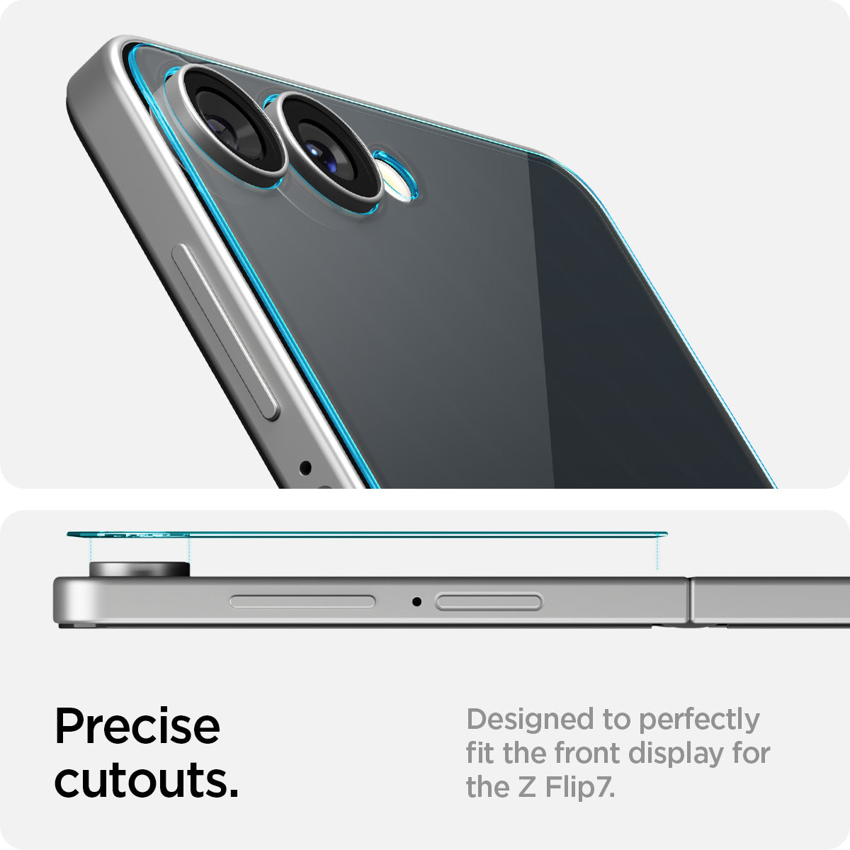 AGL09582 - Galaxy Z Flip 7 Screen Protector EZ Fit GLAS.tR showing the precise cutouts. Designed to perfectly fit the front display for the device