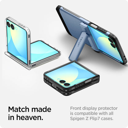 AGL09582 - Galaxy Z Flip 7 Screen Protector EZ Fit GLAS.tR showing the match made in heaven. Front display protector is compatible with all Spigen Galaxy Z Flip 7 cases
