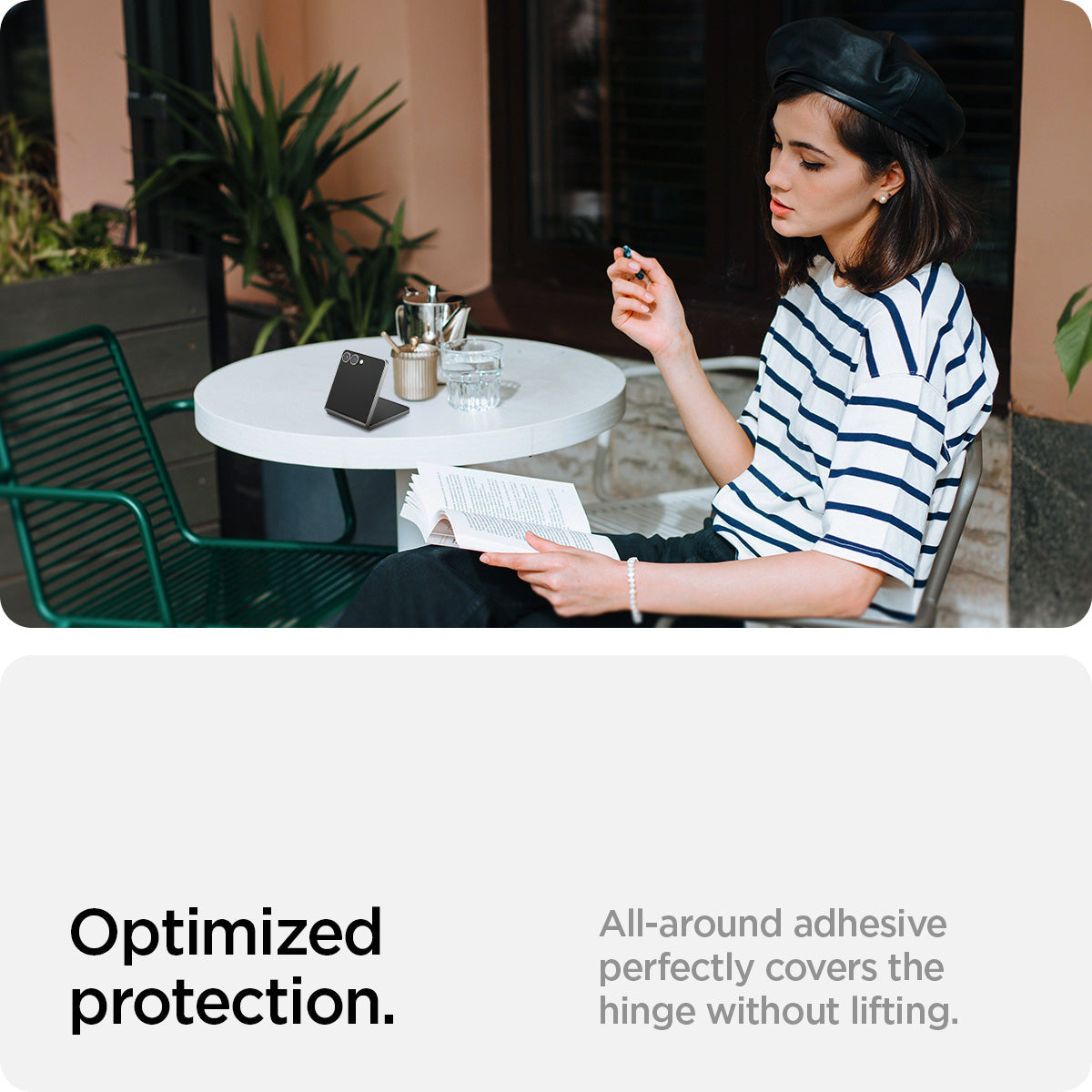 AGL09582 - Galaxy Z Flip 7 Screen Protector EZ Fit GLAS.tR showing the optimized protection. All around adhesive perfectly covers the hinge without lifting