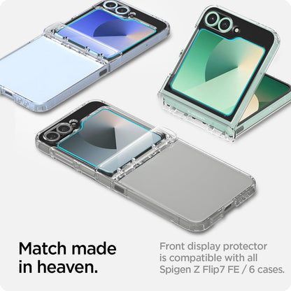 AGL07972 - Galaxy Z Flip 7 FE GLAS.tR EZ Fit showing the front display protector is compatible with all Spigen Z Flip FE cases