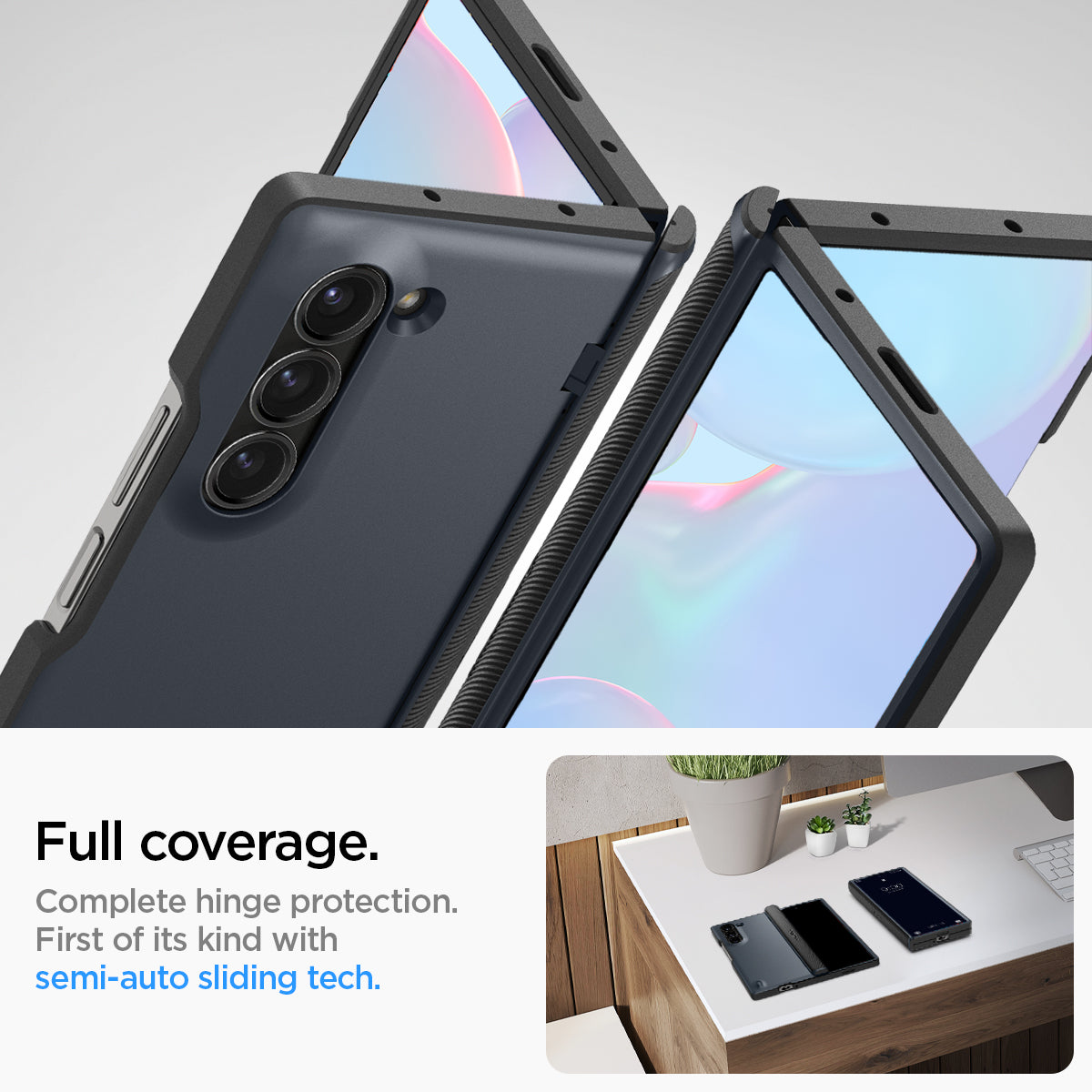 ACS08286 - Galaxy Z Fold 6 Case Slim Armor Pro in Metal Slate showing the full coverage. Complete hinge protection. First of its kind with semi-auto sliding tech