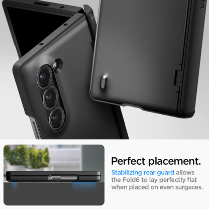 ACS07820 - Galaxy Z Fold 6 Case Slim Armor Pro in Black showing the perfect placement. Stabilizing rear guard allows the Fold6 to lay perfectly flat when placed on even surfaces