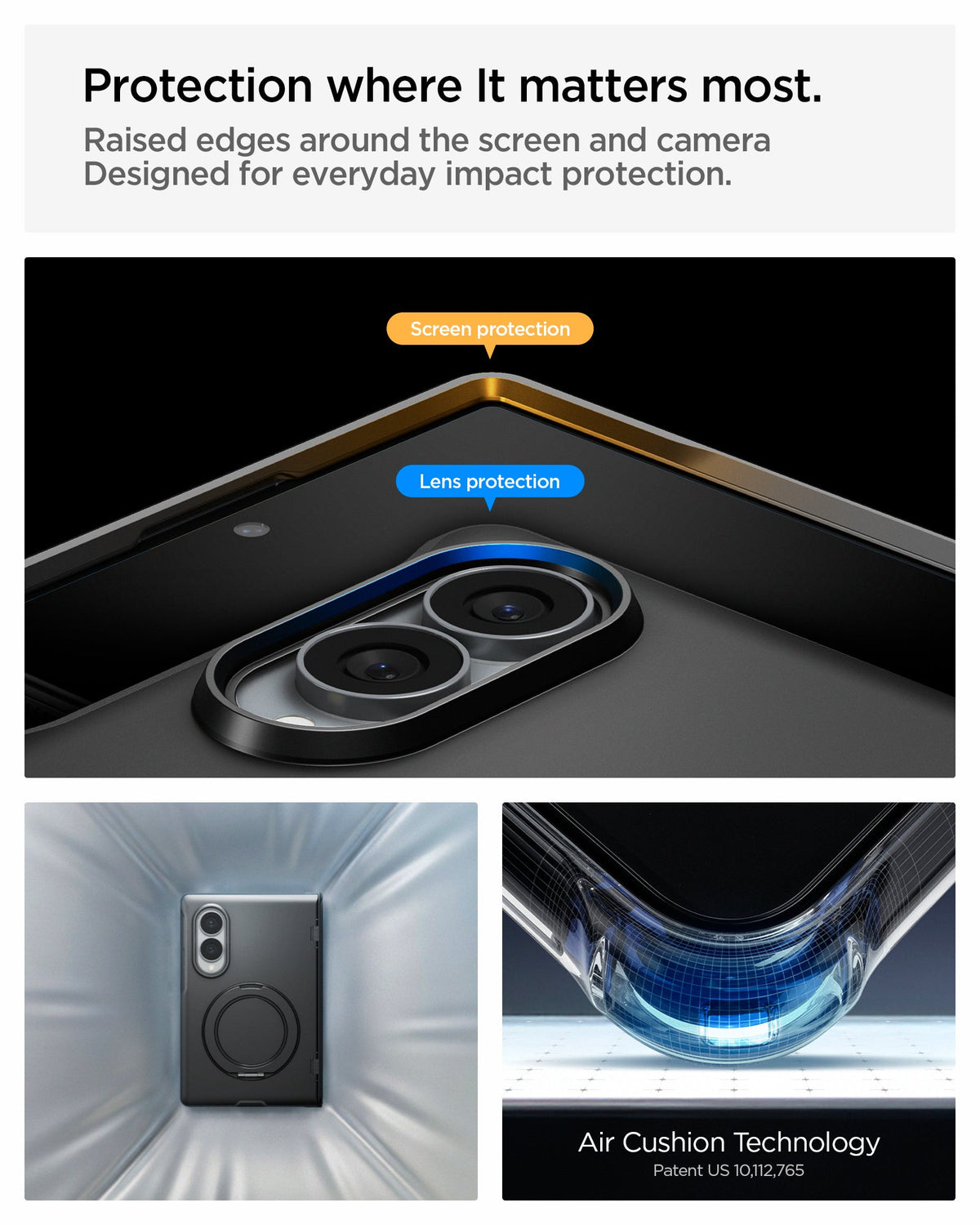 ACS11779 - Galaxy Z Fold 8 Slim Armor Pro S (Mag Fit) Black showing the "Protection where It matters most" graphic, highlighting lens and screen protection edges, alongside images of the case's shock-dispersing design and an "Air Cushion Technology" close-up