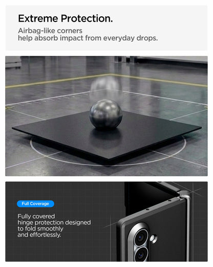 ACS11499 - Galaxy Z Fold 8 Ultra Tough Armor Pro (Mag Fit) Black showing the "Extreme Protection" graphic, a steel ball dropping onto a test platform representing airbag-like corners, alongside a close-up of the case's hinge corner and camera module.