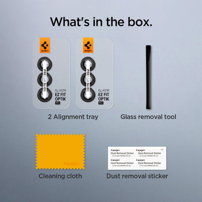 AGL07970 - Galaxy Z Fold 6 Optik Pro EZ Fit Lens Protector in Black showing what's in the box. 2 Alignment tray, Glass removal tool, Cleaning cloth and Dust removal sticker