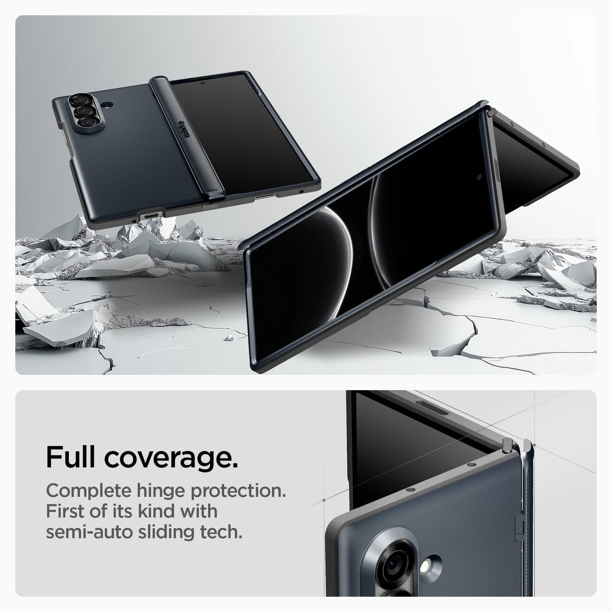 ACS09552 - Galaxy Z Fold 7 - Slim Armor Pro (MagFit) in metal slate showing the full coverage. Complete hinge protection. First of its kind with semi-auto sliding tech