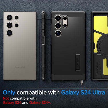 ACS07303 - Galaxy S24 Ultra Case Tough Armor (MagFit) in Black showing the compatibility only with Galaxy S24 Ultra. Not compatible with Galaxy S24 and Galaxy S24+