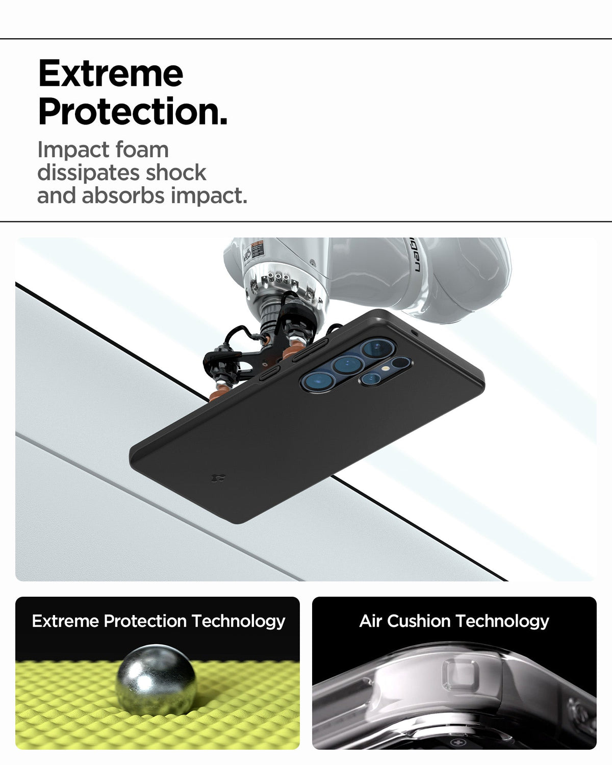 ACS08946 - Galaxy S25 Ultra Case Thin Fit (MagFit) in Black showing the extreme protection. Impact foam dissipates shock and absorbs impact. Extreme Protection Technology. Air Cushion Technology