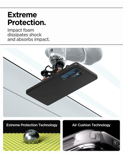 ACS08946 - Galaxy S25 Ultra Case Thin Fit (MagFit) in Black showing the extreme protection. Impact foam dissipates shock and absorbs impact. Extreme Protection Technology. Air Cushion Technology